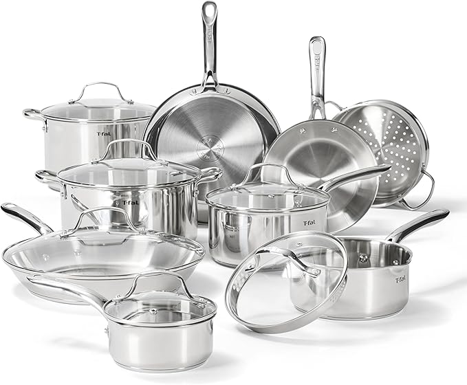 T-fal Gourmet 15-Piece Stainless Steel Cookware Set, Pots and Pans Cooking Set, Dishwasher Safe, Oven Safe to 500°F, Induction Compatible, Stock Pot, Sauce, Saute, Frying Pans, Silver