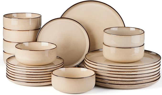 E-far 24-Piece Plates and Bowls Set, Stoneware Dinnerware Sets for 8, Reactive Glaze Ceramic Dinning Ware Dishes, Microwave & Dishwasher Safe - Sandy Beige