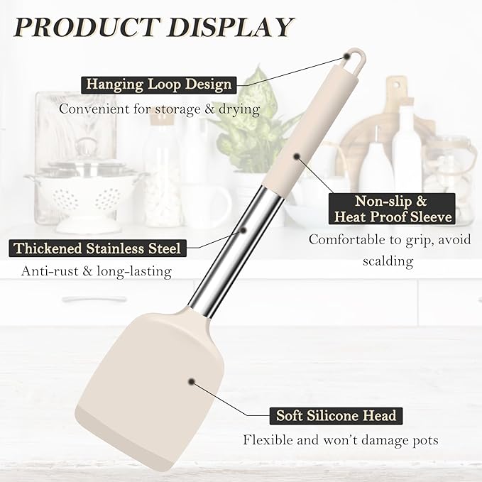 TeamFar Kitchen Utensils, 4 PCS Silicone Cooking Utensils Spatula Spoon Set with Stainless Steel Handle, for Frying Mixing Draining Turning, Healthy & Heat-proof, Non-stick & Dishwasher Safe - Khaki