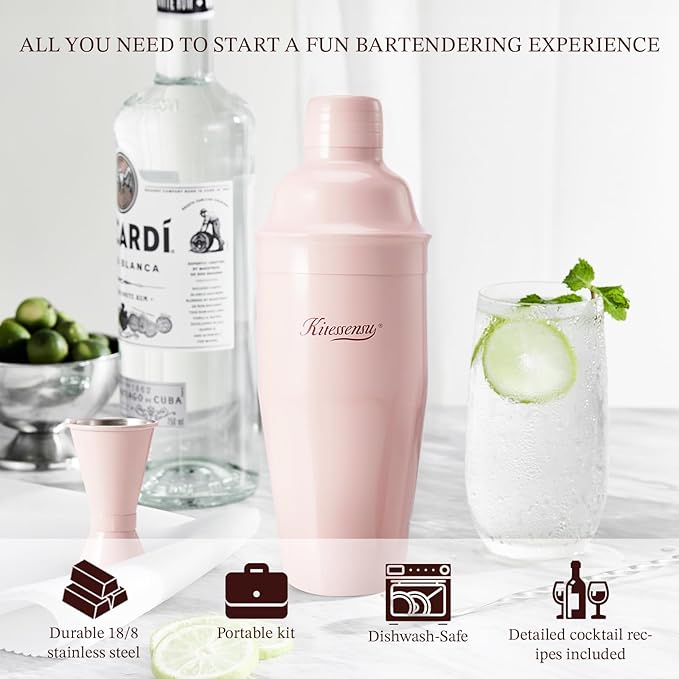 KITESSENSU Cocktail Shaker Set, Stainless Steel Martini Shaker with Bartender Strainer, Measuring Jigger, Bar Mixing Spoon, Cocktail Recipe Included, Pink