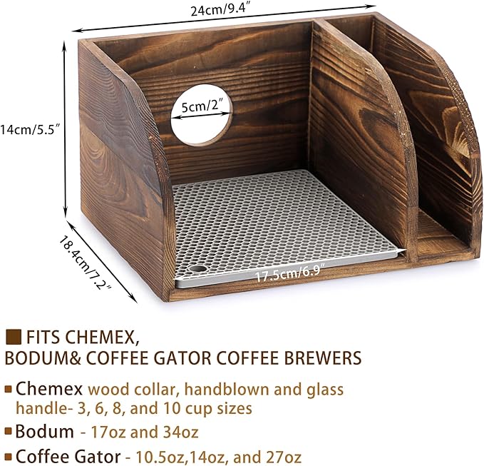 ELLDOO Vintage Wood Coffee Organizer Stand, Compatible with Chemex Coffee Makers, Holds Coffee Maker and Coffee Paper Filters, Fits Collar and Handle Carafes, with Grey Silicone Dripper Mat