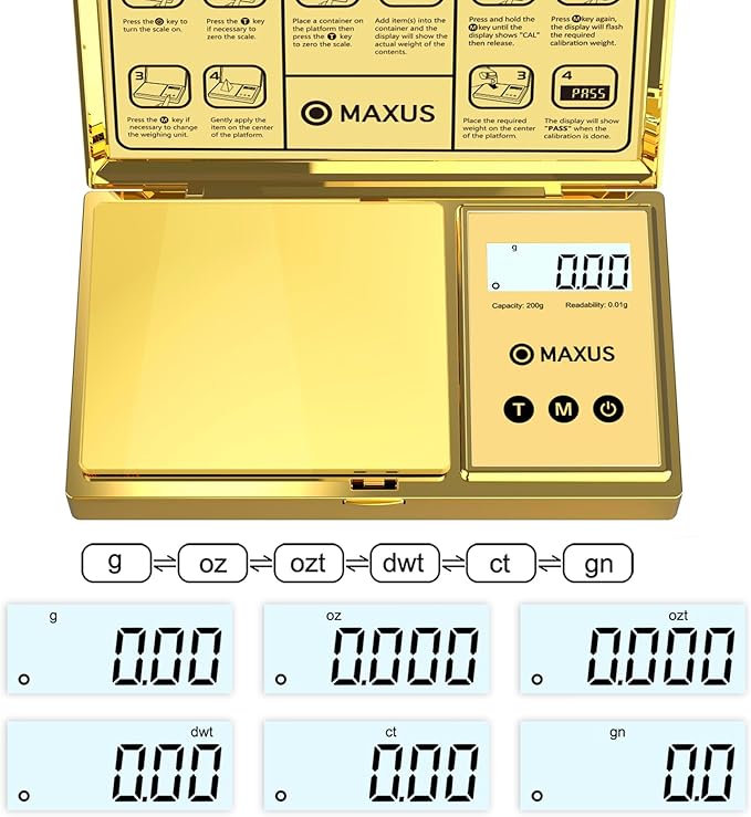MAXUS Digital Gram Scale with 200g x 0.01g Capacity, Stylish Gold Plated Cover and Platform for Accurate and Precise Weighing of Jewelry, Grains, and Food in Grams and Ounces