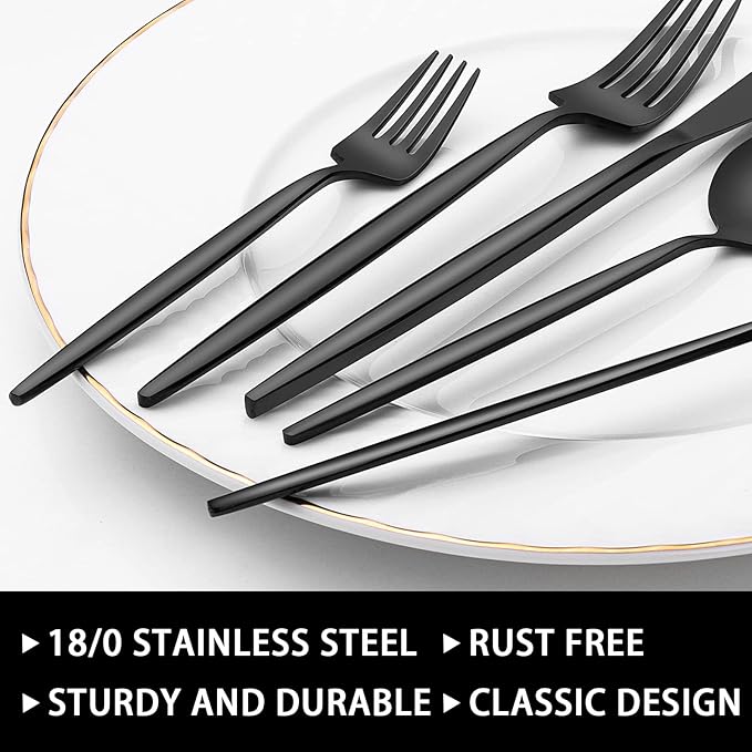 30-Piece Black Silverware Set, Flatware Set for 6, Food-Grade Stainless Steel Tableware Cutlery Set, Utensil Sets Kitchen Cutlery for Home Office Restaurant Hotel