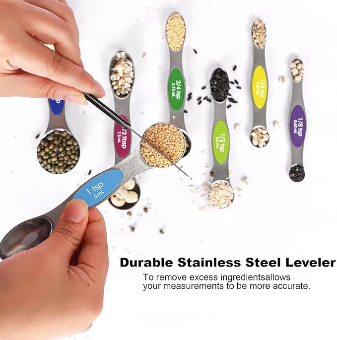 Multicolor Magnetic Measuring Spoons Set with Leveler - Stainless Steel, Stackable, Fits Spice Jars - For Baking Kitchen