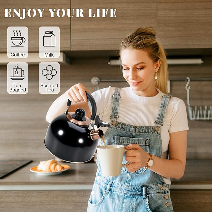 GGC 2.6QT Tea Kettle for Stove Tops, Whistling Tea Kettles for Boiling Water Coffee or Milk, Black Stainless Steel Tea Pots with Folding Handle, Thumb Design Control Kettle Outlet