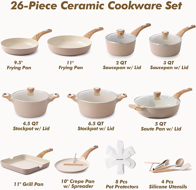 SENSARTE Ceramic Cookware Sets, Pots and Pans Set Non stick, Non toxic Healthy Induction Cookware, 26 Pcs Nonstick Kitchen Cooking Set, w/Frying Pans Set, Saucepans Set