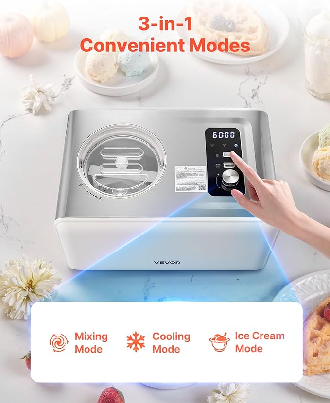 VEVOR Automatic Ice Cream Maker with Built-in Compressor, 2 Quart No Pre-freezing Gelato Maker, Electric Sorbet-Maker, 3 Modes Compressor Ice Cream Machine for Home Kitchen