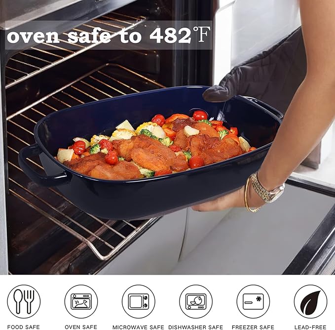 6 Quart Large Rectangular Baking Dish, 16x11 Inches Ceramic Baking Pan Casserole Dish for Cooking,Kitchen and Daily Use, Safe for Oven Microwave Refrigerator Disinfection Cabinet and Dishwasher,Blue