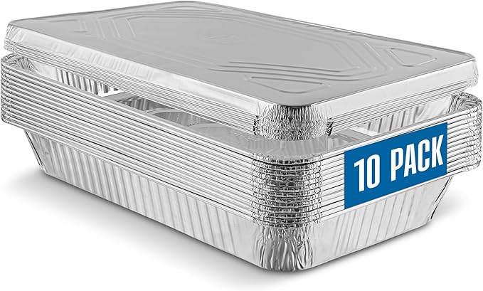 PLASTICPRO 10 Pack Aluminum Pans 13'' x 21" Disposable Pans with Covers Heavy Duty 20 lb Foil Pans for Baking and Cooking