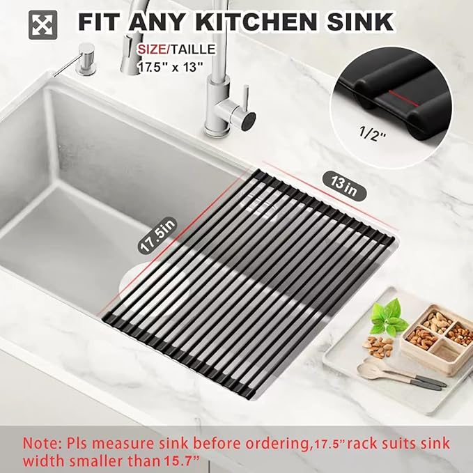 MERRYBOX Roll Up Dish Drying Rack Silicone Wrapped Over The Sink Dish Drying Rack Multipurpose Foldable Sink Drying Mat Anti-Slip & Anti-Rust Dish Rack for Kitchen, 17.5" x 13", Black