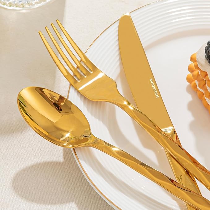KINGSTONE Gold Silverware Set, Luxury 60 Piece Flatware Set for 12, 18/10 Stainless Steel Cutlery Set with Diamond Cut Pattern for Kitchen, Home, Wedding, Party, Mirror Polished and Dishwasher Safe