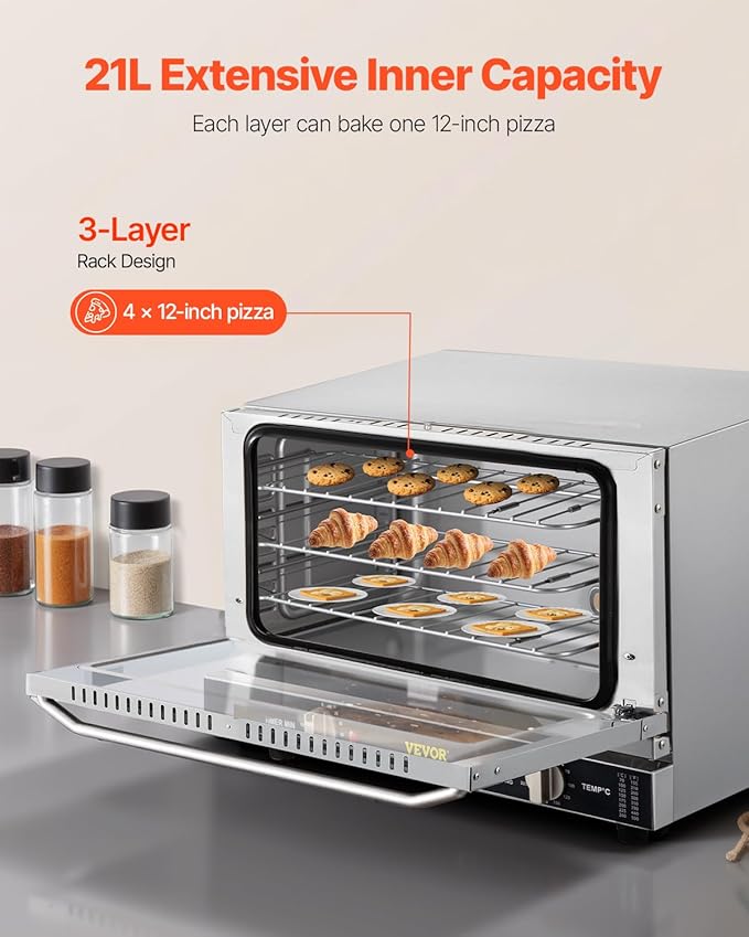 VEVOR Commercial Convection Oven, 21L/19Qt, Quarter-Size Conventional Oven Countertop, 1440W 3-Tier Toaster w/Front Glass Door, Electric Baking Oven w/Trays Wire Racks Clip Gloves, 120V