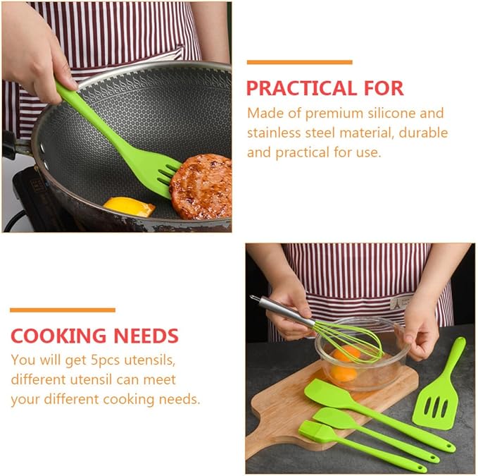 MAGICLULU 5pcs Silicone Baking Kitchen Utensil Set with Egg Whisk, Scraper, Brush, and Shovel, Green, Heat Resistant Cooking Tools for Home Baking and Food Preparation