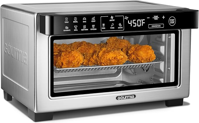 Gourmia Toaster Oven Digital Air Fryer - Convection Mode with 4 Slice Capacity, 3 Rack Positions, 12 Presets, Toast, Bagel, Bake, Roast, Broil, Dehydrate, Popcorn, Fits 9" Pizza, Stainless Steel