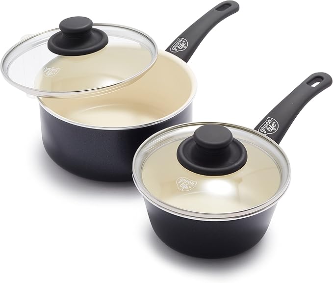 GreenLife Soft Grip 1QT and 2QT Saucepan Set, Healthy Ceramic Nonstick, Non Toxic PFAS-Free, Dishwasher Safe, Glass Lids, Stay-Cool Handles, Easy Clean Cookware, Kitchen Essentials, Black & Cream