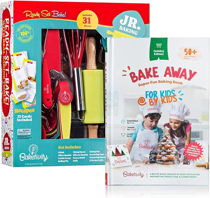 Baketivity 31 Pcs Kids Baking Set and Bake Away Kids Baking Cookbook Bundle | Kids Safe Nylon Knife and Real Baking Utensils Set | Best Little Baker Baking Book with Pictures and Cooking Tools Gift