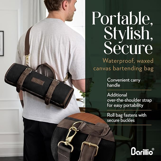 Barillio Bartender Kit Bag with Gold Cocktail Shaker Set - Waxed Canvas, Traveling Bar Tools Bag with 17-Pc Cocktail Kit - Travel Mixology Bartending Kits - Mobile Bar Roll with Strap & Accessories