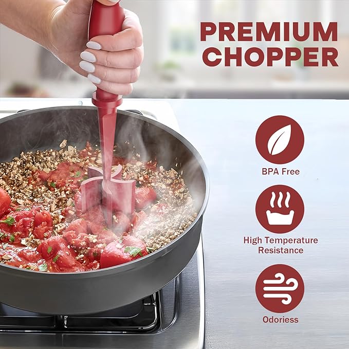 Meat Chopper, Upgrade Hamburger Smasher, Premium Heat Resistant Meat Masher for Ground Beef, Ground Turkey and More, Non Stick Mix Grinder-Red