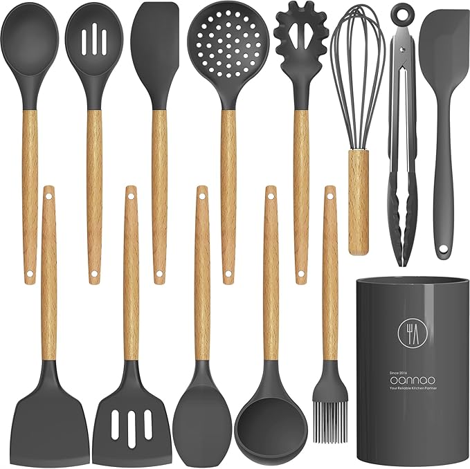 oannao Silicone Cooking Utensils Kitchen Utensil Set - 446°F Heat Resistant Silicone Kitchen Utensils Set, Spatula,Turner Tongs, Spoon, Whisk,Kitchen Gadgets for Nonstick Cookware, BPA Free (Gray)