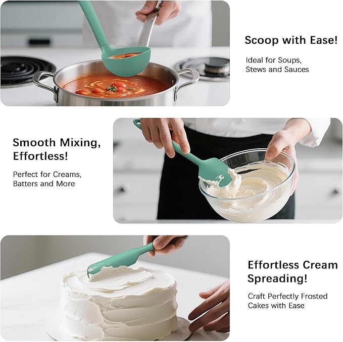 Coukre Silicone Kitchen Cooking Utensils Set with Holder – Heat-Resistant, Food-Grade Kitchen Tools, Spatula, Spoon & Gadgets for Non-Stick Pans, Dishwasher Safe (14, PureAquaGreen)