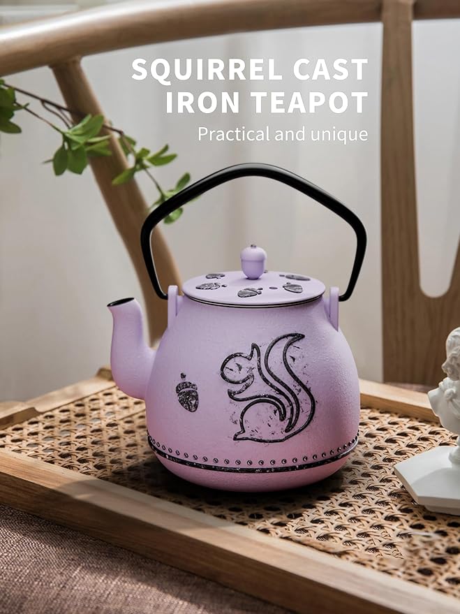 Toptier Teapot with Removable Infuser, Cast Iron Tea Kettle Stovetop Safe, Squirrel Design Tea Pot Coated with Enameled Interior for 32 Ounce (950 ml), Purple