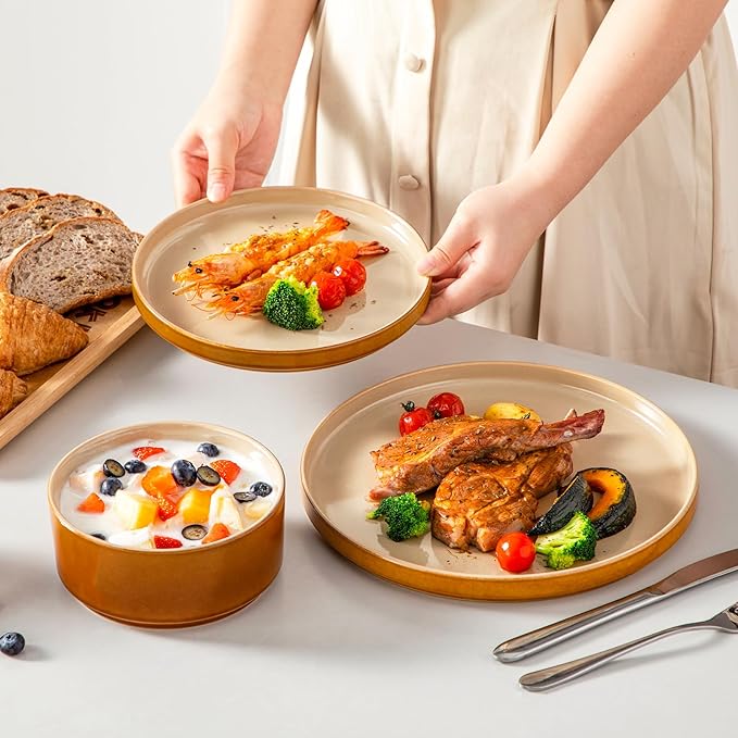 vancasso ONION Ceramic Plates and Bowls Sets, 18 Pieces Brown Dinnerware Sets for Kitchen, Reactive Glaze Dishes Set for 6, Dishwasher and Microwave Safe