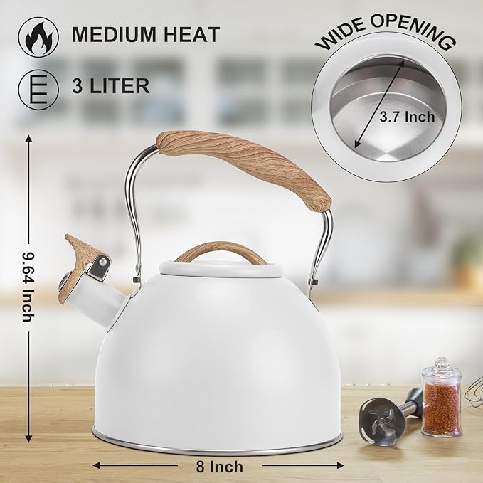Tea Kettle, Vegoran 100 OZ / 3 Liter Whistling Tea Kettle, Tea Pots for Stove Top Food Grade Stainless Steel with Wood Pattern Folding Handle, Loud Whistle Kettle for Tea, Coffee, Milk (White)