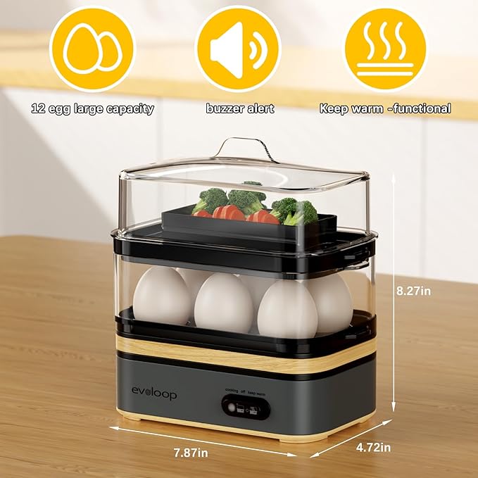 Evoloop Rapid Egg Cooker Electric 12 Eggs Capacity, Soft, Medium, Hard Boiled, Poached, Omelet Maker Egg Poacher & Vegetable Steamer, BPA Free Tray(Grey)