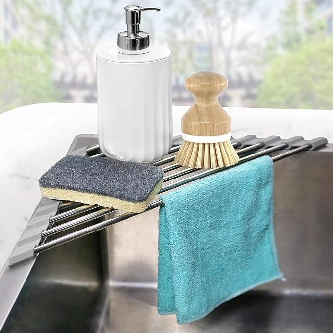 Corner Sink Caddy Triangle Dish Drying Rack for Sink Corner, Sponge Holder Roll Up Dish Drying Rack Over The Sink, Stainless Steel Kitchen Sink Organizer Drainer Mat Sponge Caddy for Counter Storage