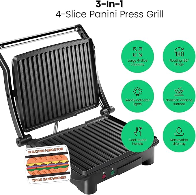 Chefman Panini Press Grill and Gourmet Sandwich Maker Non-Stick Coated Plates, Opens 180 Degrees to Fit Any Type or Size of Food, Stainless Steel Surface and Removable Drip Tray, 4 Slice, Black