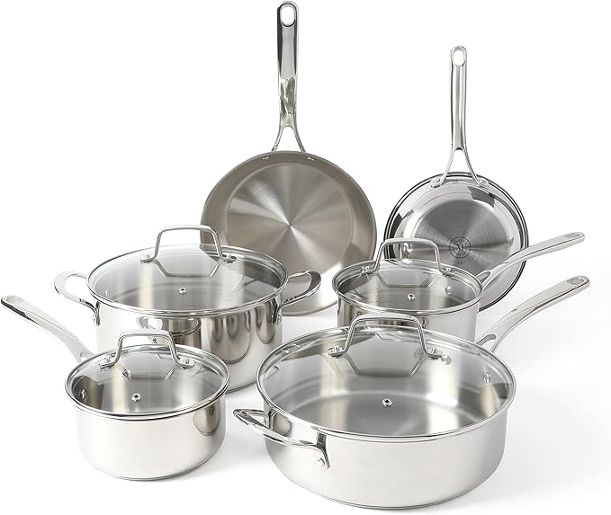 Martha Stewart Castelle 10 Piece 18/8 Durable Stainless Steel Induction Safe Non-Toxic Triply Bottom Kitchen Pots and Pans Cookware Set - Dishwasher Safe