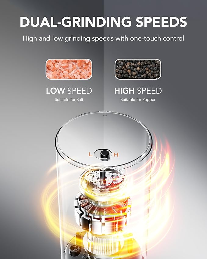 FORLIM 2-Speed Electric Salt And Pepper Grinder Set, External Rotation To Adjust Coarseness, Electric Salt and Pepper Shaker With Charing Base, One-Button Automatic Grinding, Washable Container