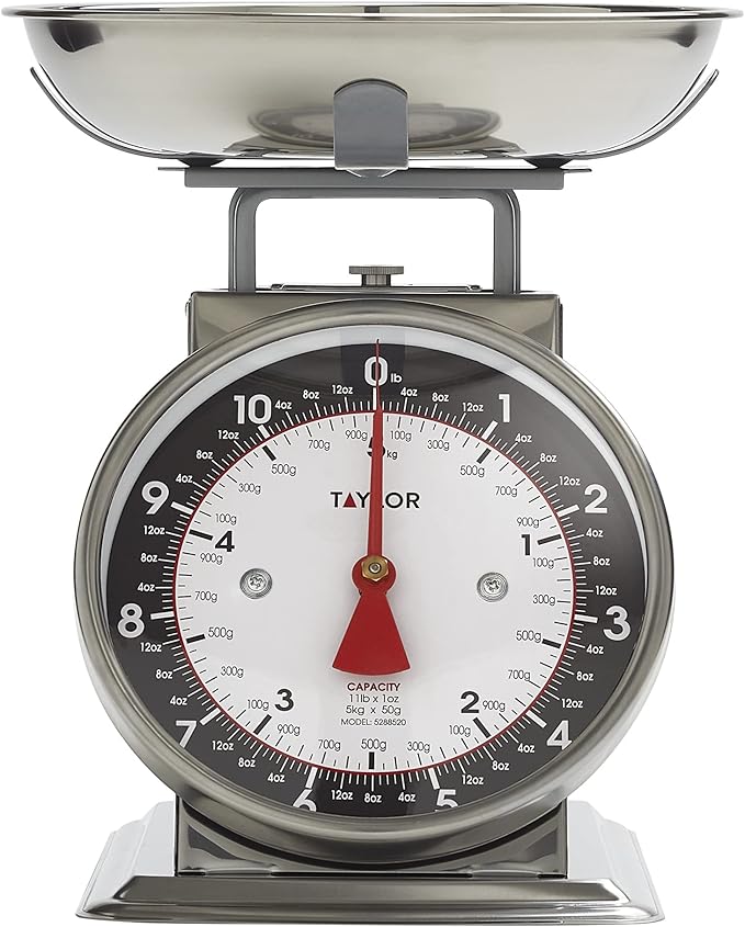 Taylor Mechanical Kitchen Food Scale with Bowl, Weighs Up to 11lbs, Measures in Grams and Ounces, Analog Cooking Scale for Baking, Black and Silver