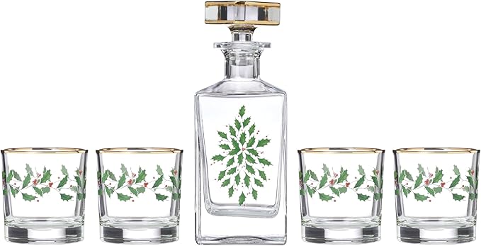 Lenox 896709 Holiday 5-Piece Decanter & Whiskey Glass Set, Christmas Dinnerware, Hosting