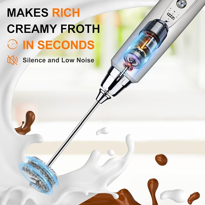 YUSWKO Rechargeable Milk Frother Handheld with 3 Heads, Silver Coffee Electric Whisk Drink Foam Mixer, Mini Hand Stirrer with 3 Speeds Adjustable for Latte, Cappuccino, Hot Chocolate, Egg