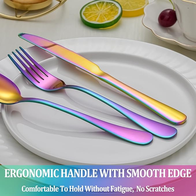 20 Pcs Rainbow Silverware Set Service for 4,Stainless Steel Flatware Serving Sets,Kitchen Tableware Set,Utensil Set for Home and Restaurant,Knives Forks Spoons Set,Mirror Polished,Dishwasher Safe