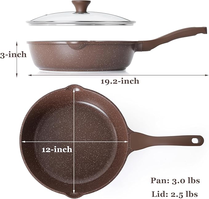 SENSARTE Nonstick Deep Frying Pan Skillet, 12-inch Saute Pan with Lid, Stay-Cool Handle, Healthy Cookware Cooking Pan with Cover, Induction Compatible (Toffee Brown)