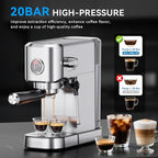 XIXUBX 20Bar Espresso Machine, Compact Espresso Maker with Milk Frother, Stainless Steel Coffee Machine for Cappuccino&Latte, 42oz Water Tank, Visible Pressure Gauge, Home&Office, Silver