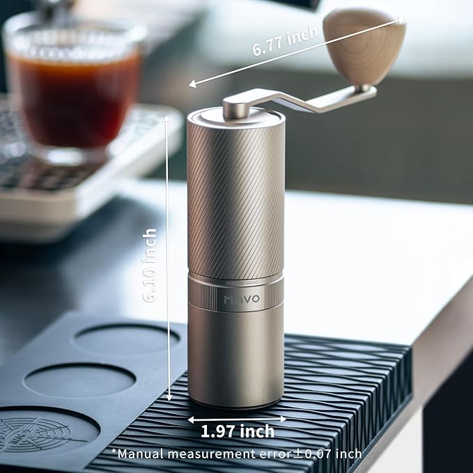 MAVO Manual Coffee Grinder, Shadow Wand Hand Coffee Grinder, Capacity 25g with CNC Stainless Steel Pentagon Conical Burr, Adjustable Setting, Burr Coffee Bean Grinder for Pour Over, Espresso (Silver)