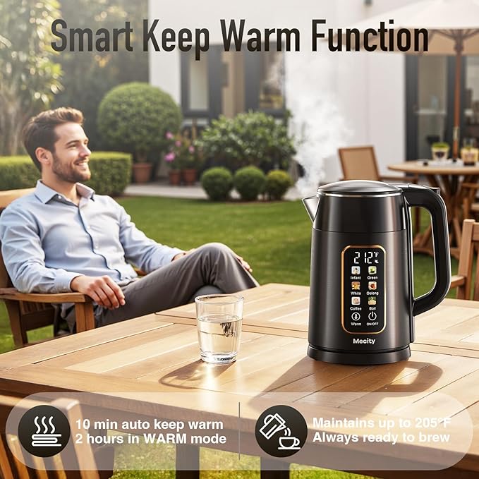 Mecity Electric Kettle 1.7L Touch Screen Temperature Control Water Boiler, No Plastic Contact with Water. 6 Preset Temperature Programs, 2 Hours Keep Warm, Black