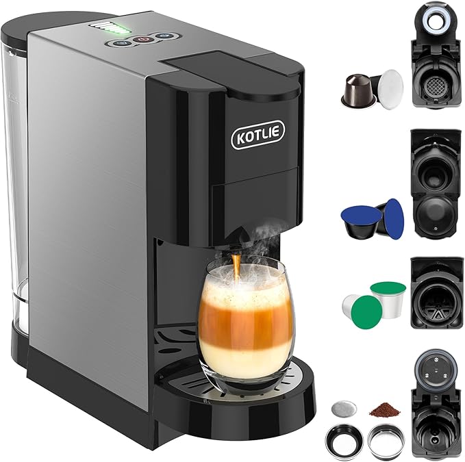 KOTLIE 19Bar Pressure Single Serve Coffee Maker, Multifunctional 5in1 Coffee Machine for NES* Original/Dolce Gusto/K cup/Ground Coffee/illy 44mm ESE, Cold&Hot Brew, Level 7 watervolume (AC-513HF)
