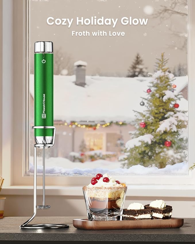Maestri House LunaFro Max Rechargeable Milk Frother with Stepless Speed Control, Handheld Electric Foam Maker with Stand and Detachable Whisks for Lattes and Cappuccino, Ideal Gift, Christmas Green