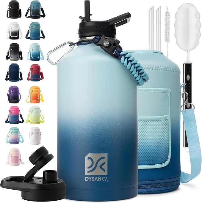 DYSANKY 1 Gallon Water Bottle Insulated | Thickened Stainless Steel Vacuum Metal Water Jug | Portable Sports Large for Gym and Hiking with Straw, Carrier Bag, Handle Strap | BPA-Free 128 oz
