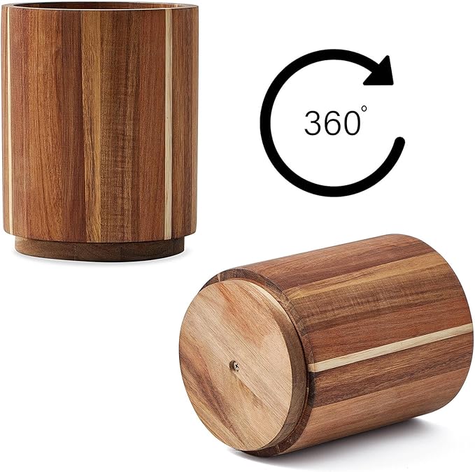 Acacia Wood Utensil Holder for Kitchen Counter, 360° Rotating 7.2" Wooden Cooking Utensil Crock for Countertop, Farmhouse Kitchen Decor