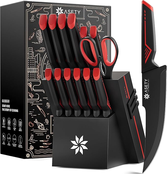 Knife Set - 15 PCS Kitchen Knife Set with Built-in Knife Sharpener Block - Stainless Steel Knife Block Set - Dishwasher Safe, Elegant Box for Men Women, Red