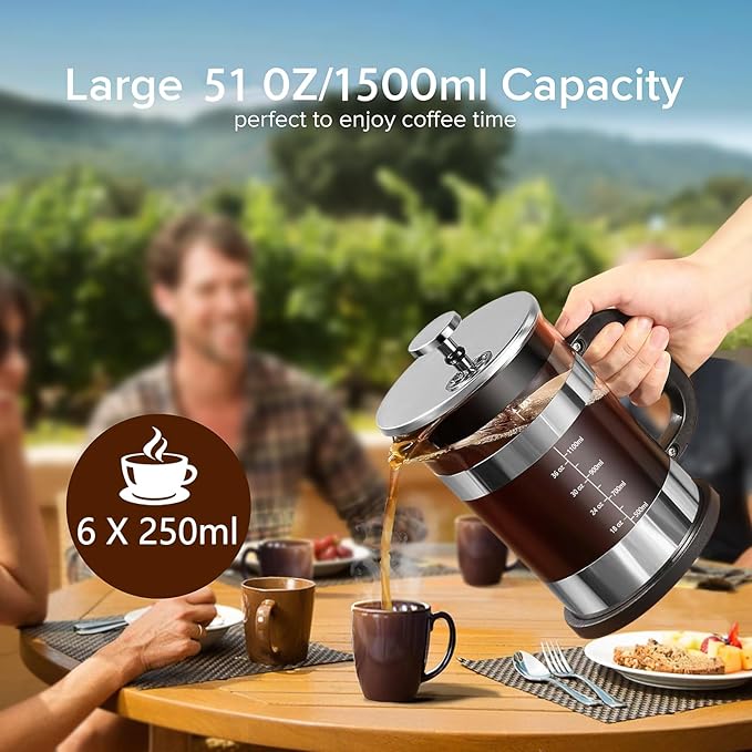 QUQIYSO French Press Coffee Maker 51oz 304 Stainless Steel French Press with 4 Filter, Heat Resistant Durable, Easy to Clean, Borosilicate Glass Coffee Press, Sliver