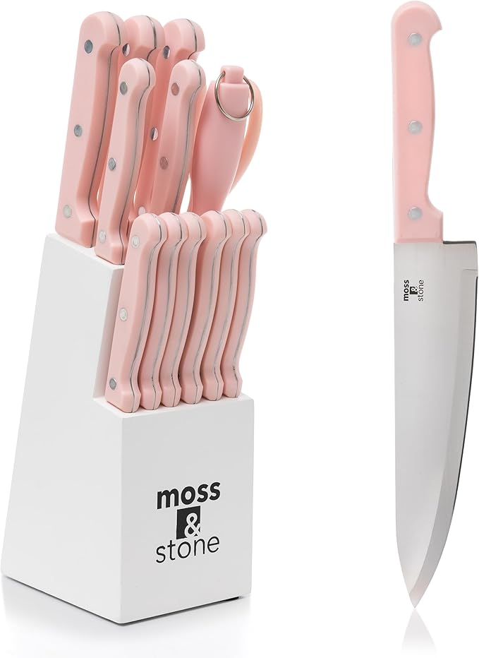 Moss & Stone Pink 14 Pcs Knife Block Set Stainless Steel, Premium Forged Kitchen Knives Set with High-Carbon Blades, Ergonomic Handle, Sharp Blade, Rust Resistant, Modern Style for Home & Chef