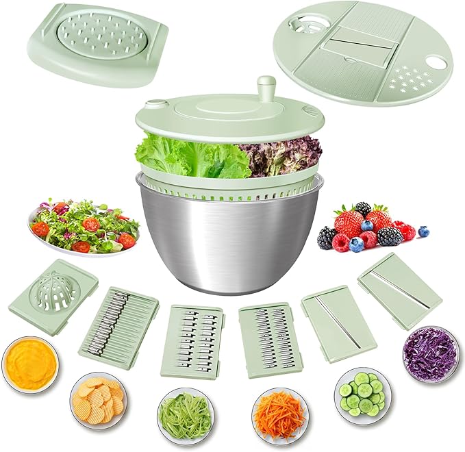 Airpro Stainless Steel Salad Spinner, Durable Lettuce Spinner with 5 Blade Slicer, Stop Button, Drainage Hole, Egg Yolk Strainer Shredder, Non-Slip Base, Vegetable Dryer, Fruit Washer, Dishwasher Safe