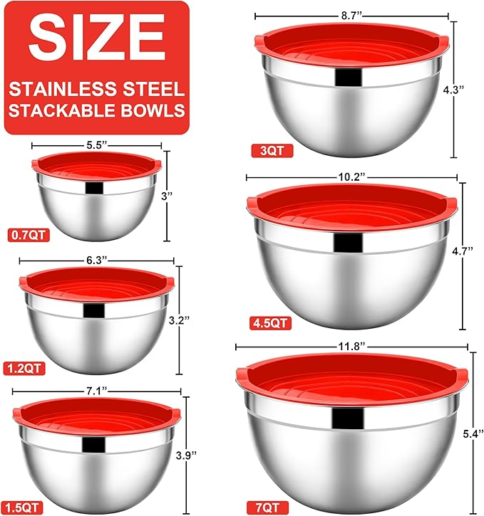 E-far Mixing Bowls with Lids, 12-Piece Stainless Steel Salad Bowls Metal Nesting Bowls for Baking Cooking and Prepping, Airtight Lids & Stackable Design, Size 7, 4.5, 3, 1.5, 1.2, 0.7 QT (Red)