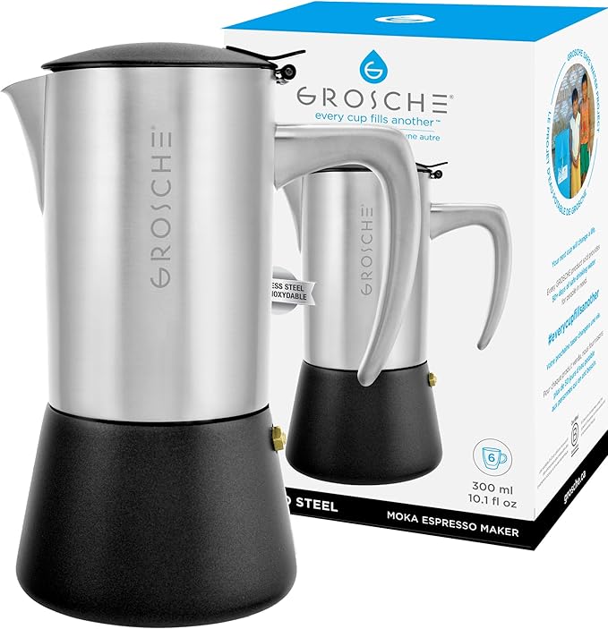 GROSCHE Milano Steel | 6 Espresso Cup | Stovetop Espresso Maker: Stainless Steel Moka Pot for Greca, Induction, Electric & Gas Stoves | Dishwasher Safe Stovetop Espresso Maker Moka Pot